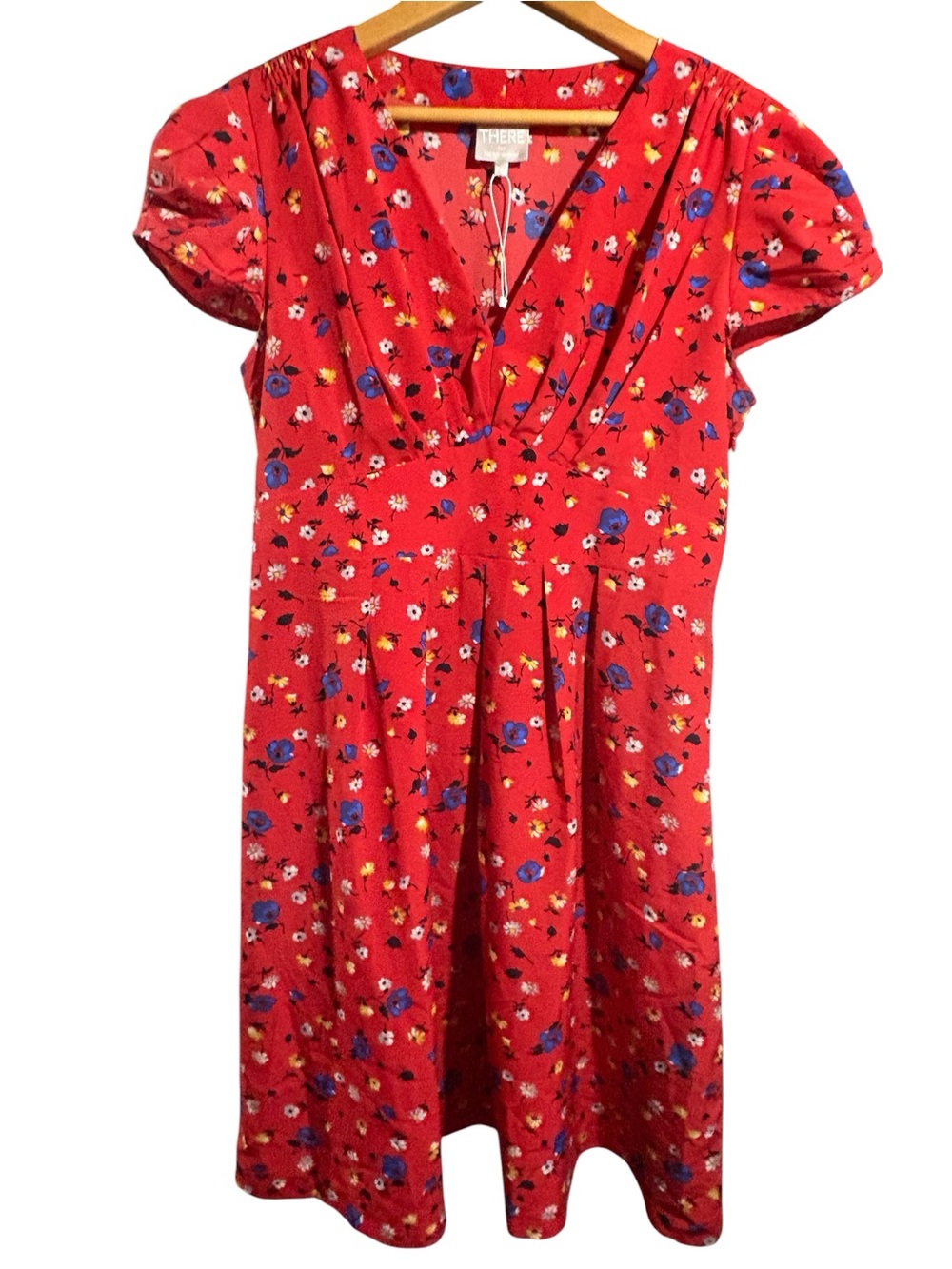 Karen Walker-Hi There, Red Floral Midi Dress with Blue & Yellow Accents